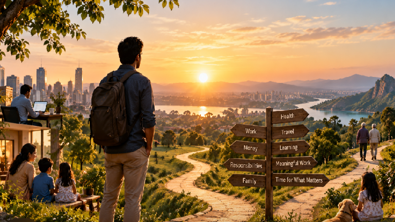 A thoughtful adult standing on an open pathway at sunrise, with home, family, nature and different generations in the peaceful landscape