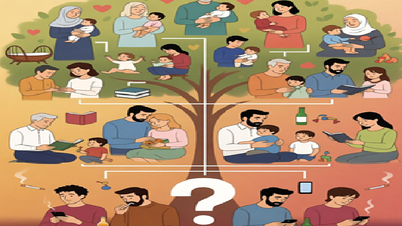 A family tree showing generations of parents caring for children, with a question mark over the present generation