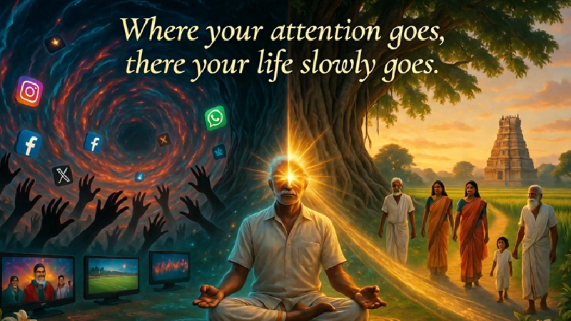 A person surrounded by multiple screens showing politics, sports, social media, entertainment while family life quietly fades in the background — representing divided attention and the silent cost of distraction