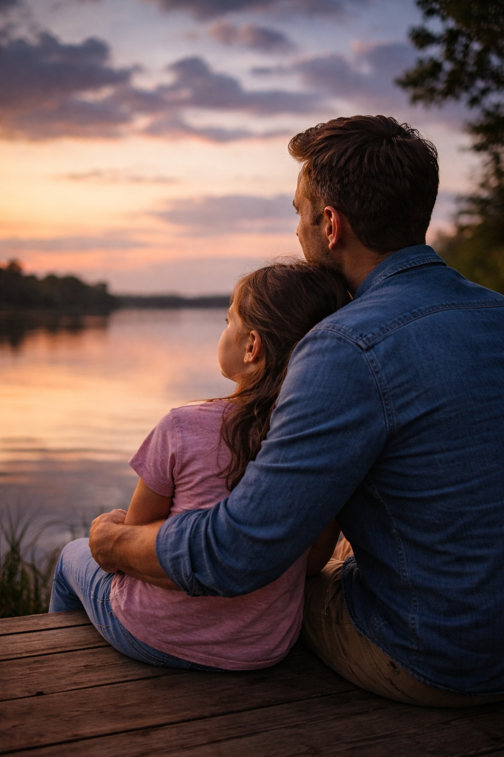 A parent and child sitting quietly together, gazing at a calm evening sky