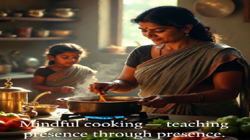 A parent cooking mindfully in the kitchen with full presence — no phone, no distractions — while a child observes quietly, learning focus and connection through simple observation