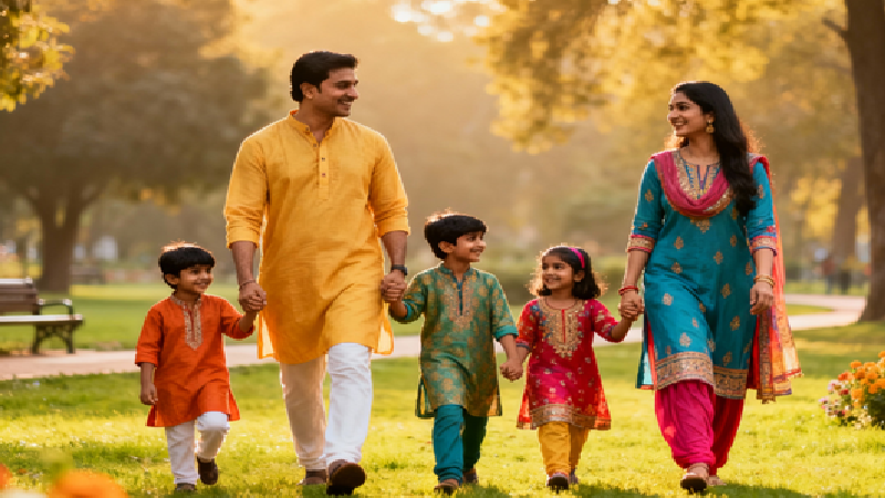 Parents walking with children in a park, representing health and connection