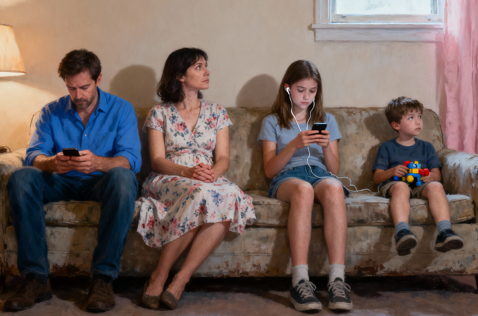 A family sitting together but each lost in their own thoughts