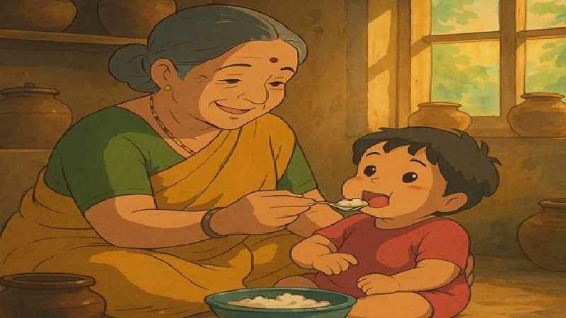 An Indian grandmother feeding her grandchild with love