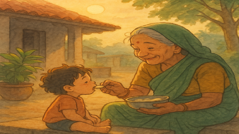 An old grandmother feeding her grandchild with love and care