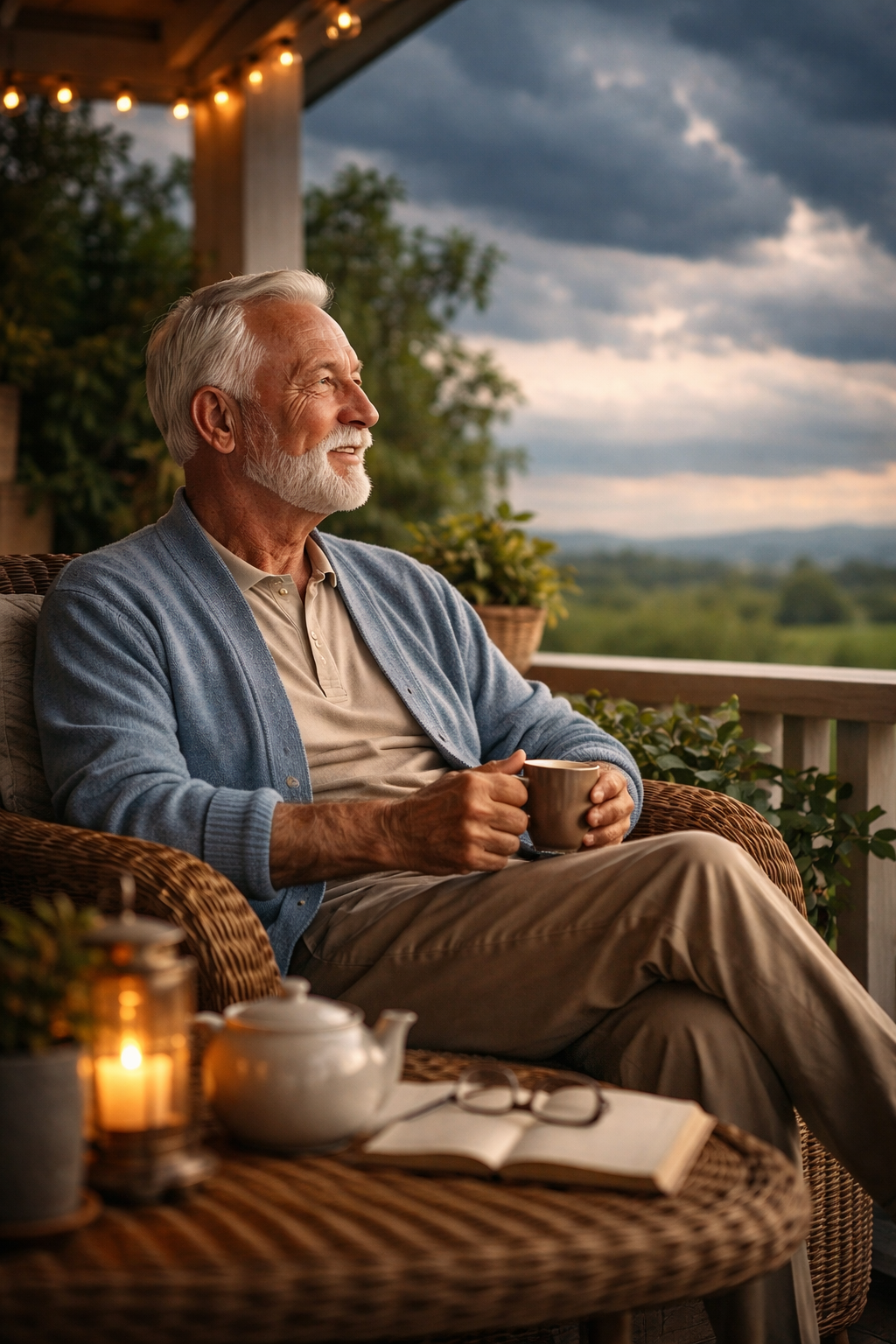 An elder sitting peacefully on a veranda while the sky is overcast, symbolizing calm amidst uncertainty