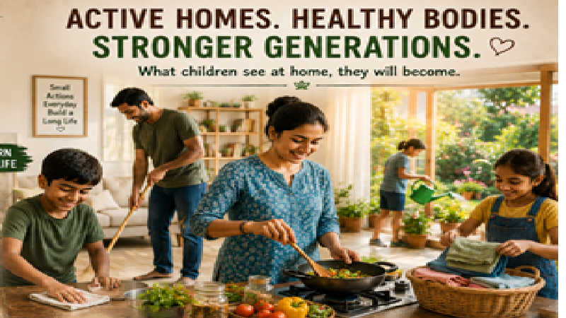 A parent and child engaged in everyday household activity — sweeping, cooking, gardening — representing natural movement, physical health, and the roots of a long, active life