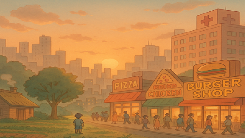 A city street filled with restaurants and hospital signs