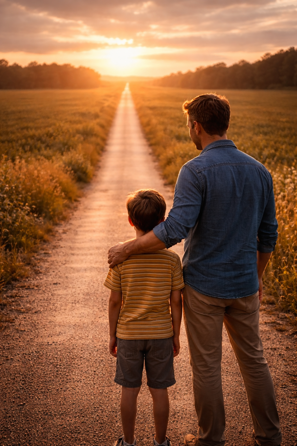 A parent and child walking together on a long, peaceful road stretching into the distance — symbolizing a lifetime of presence and guidance