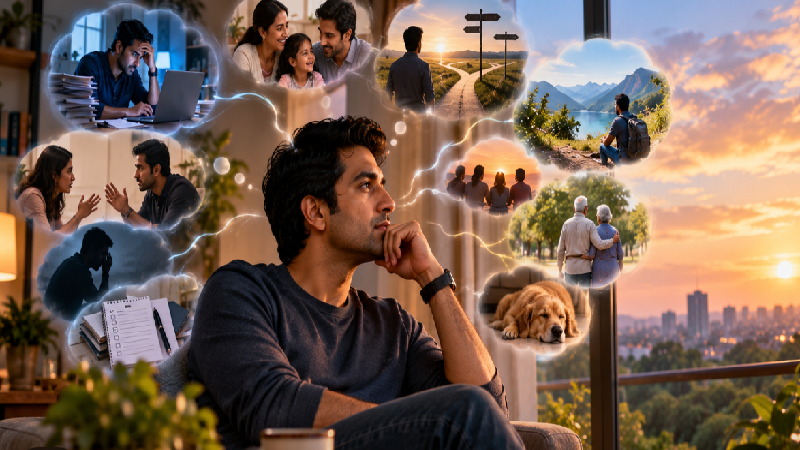 A reflective adult sits quietly beside a home window as ordinary life continues outside, with gentle reminders of thoughts and responsibilities around them