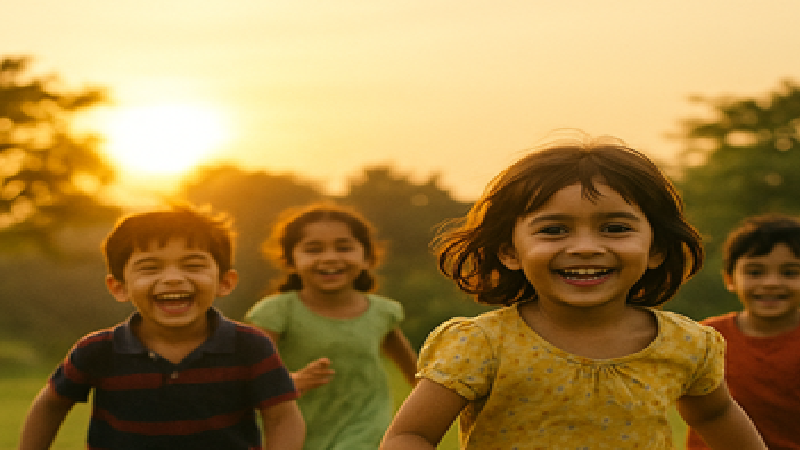 Parents watching their children play in the evening light