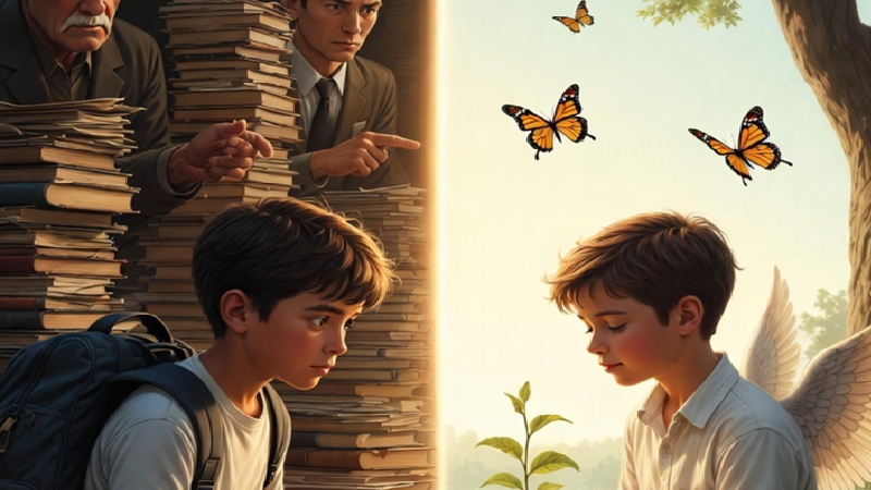 A young child sitting quietly by a window with books beside them — a calm image reflecting the inner mental space children may need to grow healthily, beyond marks, ranks, and constant academic preparation