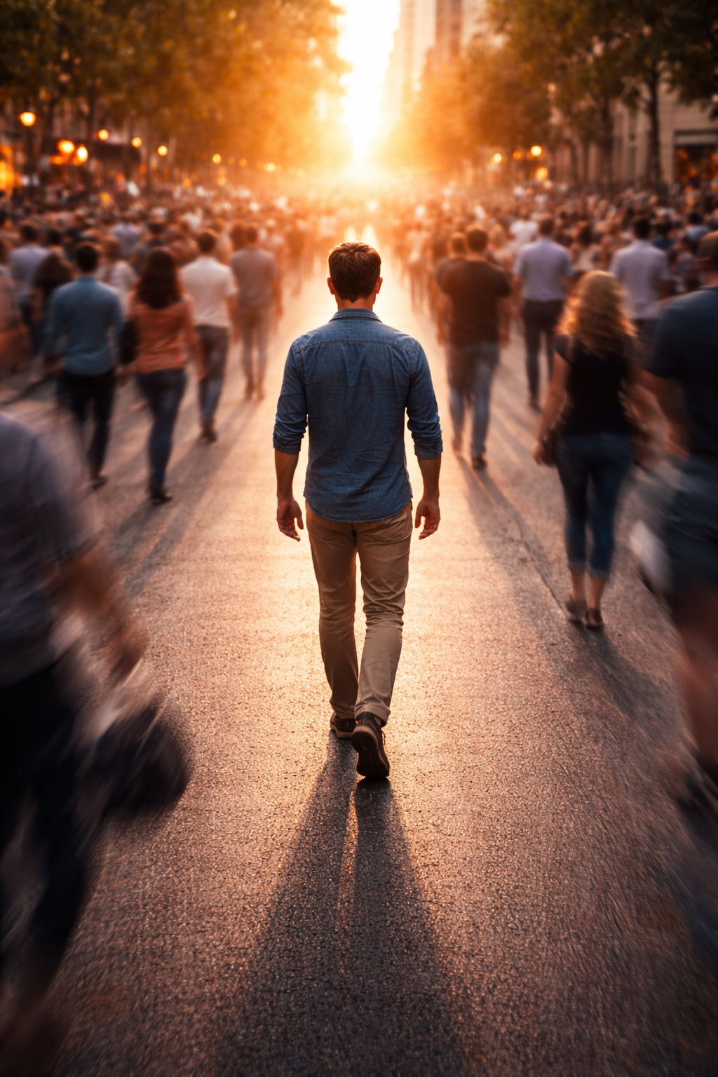 A calm person walking forward on a quiet path while the world around them blurs with noise — representing focused action and long-term awareness