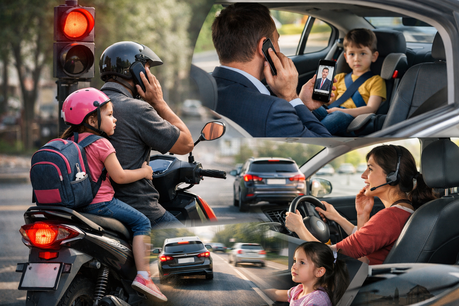 A parent driving with a child watching from the back seat