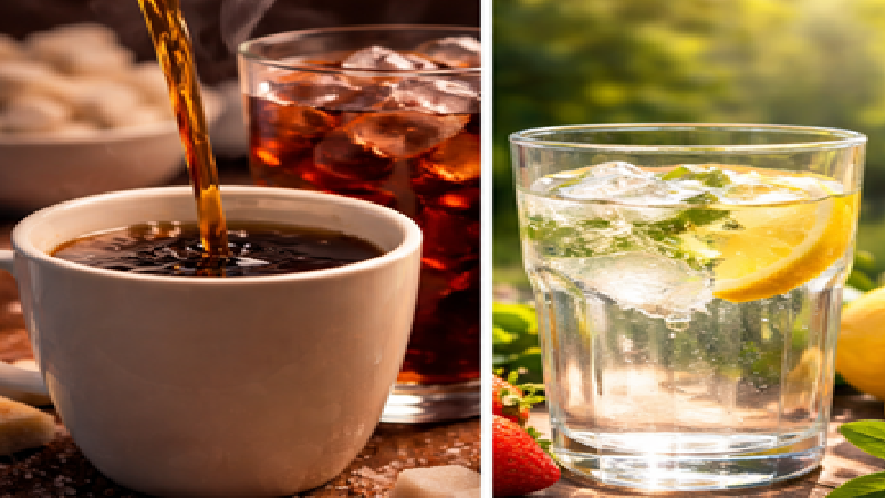 A calm, sunlit kitchen table with a glass of water, fresh fruits, and green leaves — representing a natural, simplified way of living without stimulants or processed foods