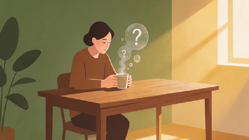 A person holding a cup of tea or coffee, looking thoughtful, with question marks floating around
