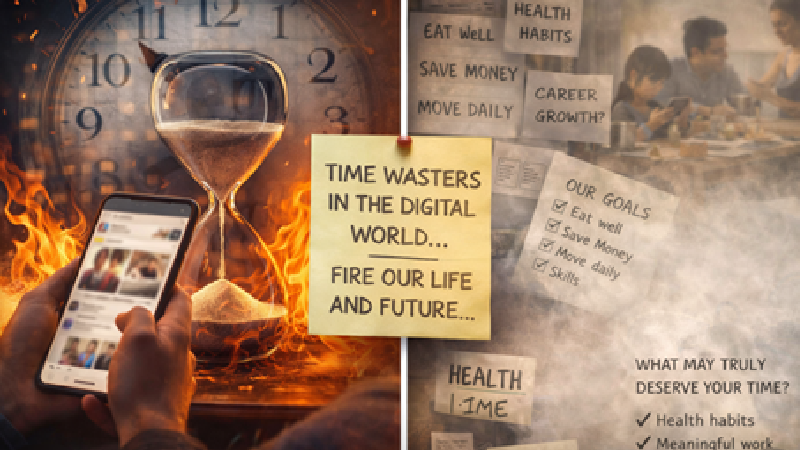 A person absorbed in a phone screen while the hours of life quietly pass — representing the silent cost of digital consumption on time, attention, and long-term well-being