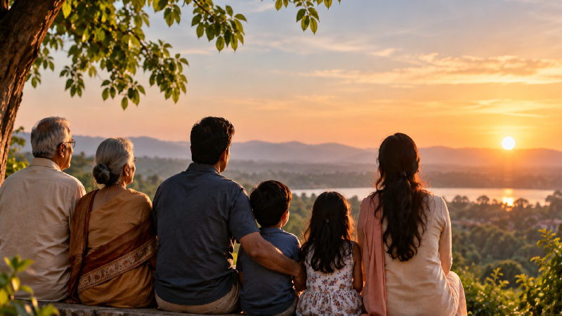 Several generations standing together, showing family continuity, everyday care, healthy ageing and long-term living